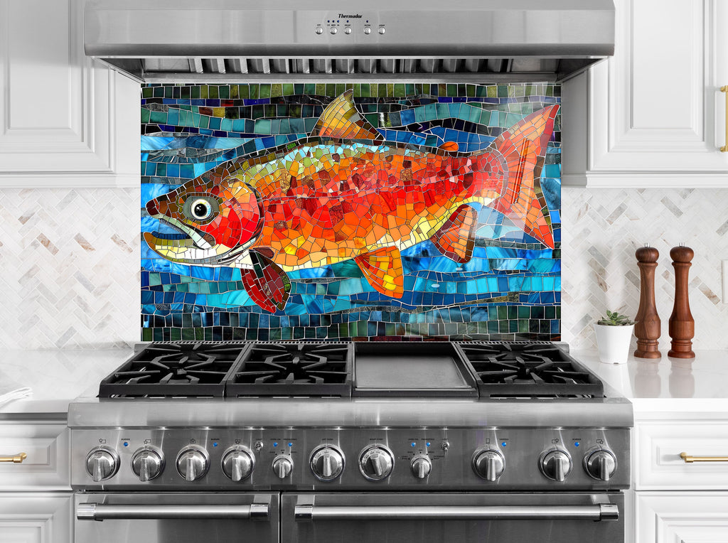 Mosaic Tempered Glass Kitchen Backsplash with Vibrant Colorful Fish Design-BacksplashArtworks