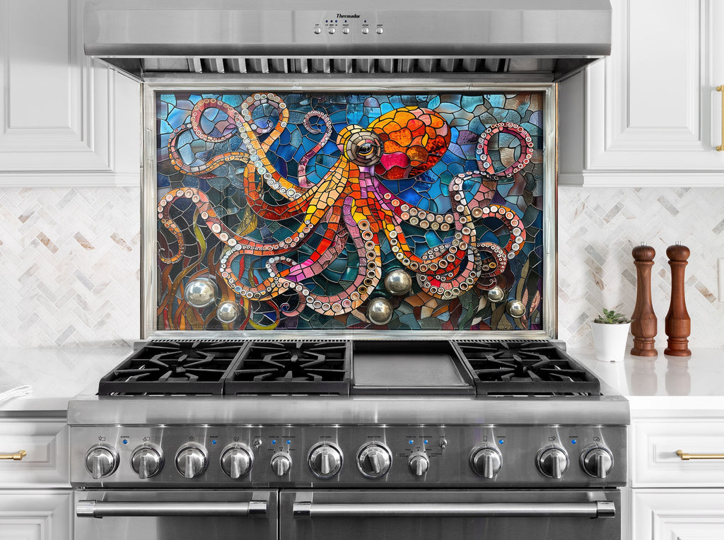 Mosaic Tempered Glass Kitchen Backsplash with Colorful Octopus Design-BacksplashArtworks