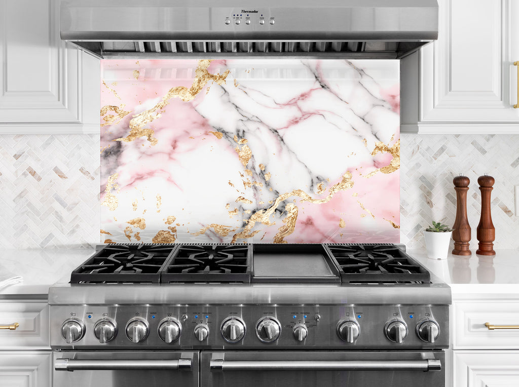 Pink & Gold Marble Elegance - Glass Kitchen Backsplash-BacksplashArtworks