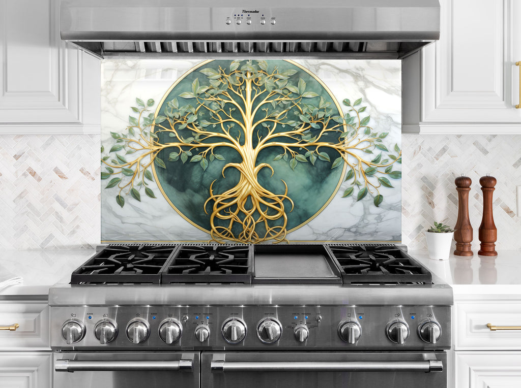 Gold & Green Life of Tree - Glass Kitchen Backsplash-BacksplashArtworks