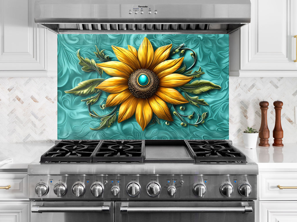 Golden Sunburst Flower - Glass Kitchen Backsplash-BacksplashArtworks