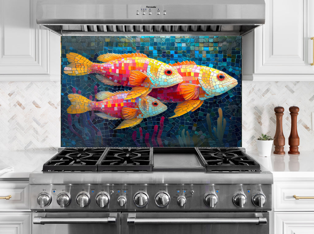 Mosaic-Inspired Tempered Glass Kitchen Backsplash with Colorful Fish Design-BacksplashArtworks