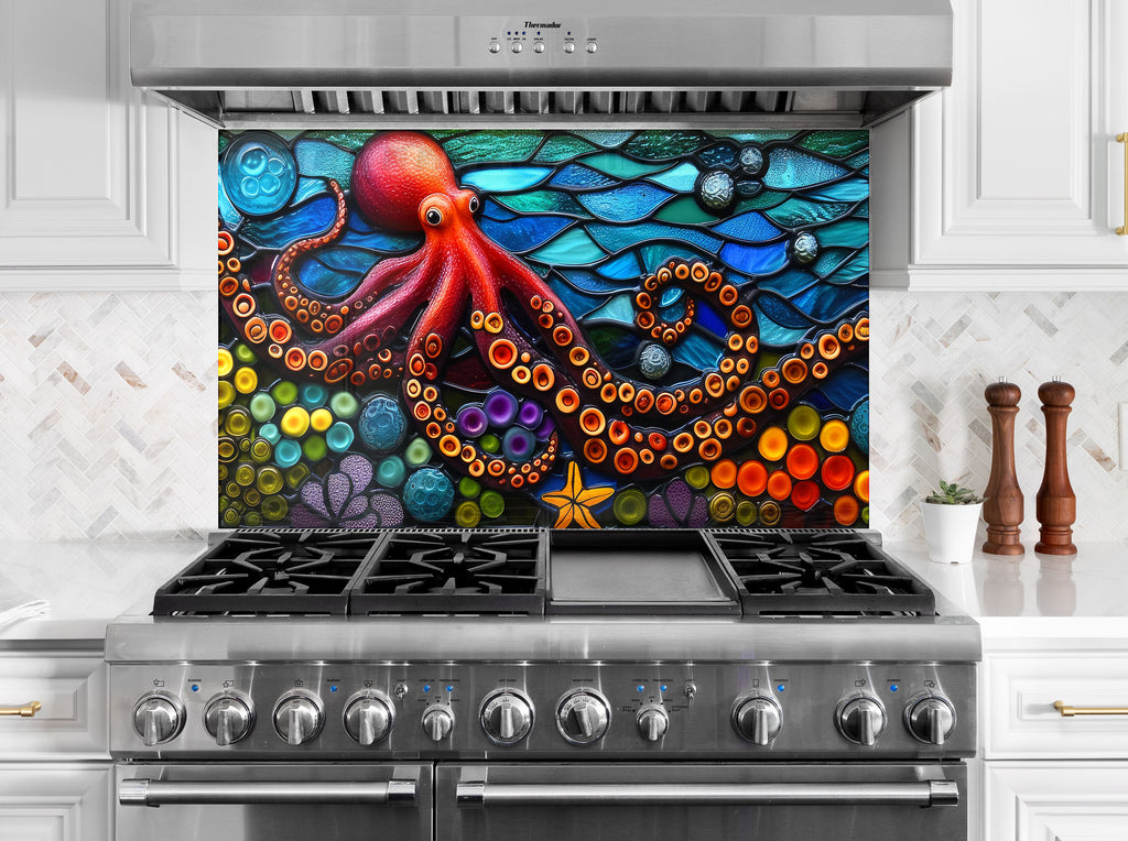 Mosaic-Inspired Tempered Glass Kitchen Backsplash with Octopus Design-BacksplashArtworks