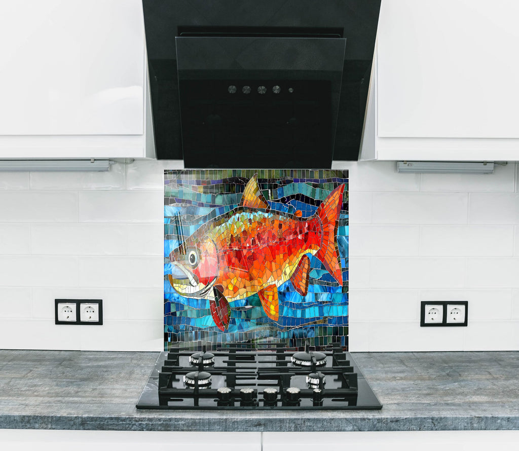 Mosaic Tempered Glass Kitchen Backsplash with Vibrant Colorful Fish Design-BacksplashArtworks