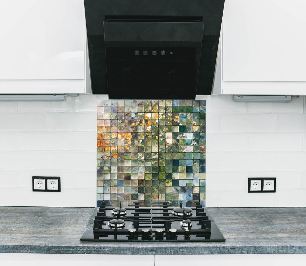 Mosaic Tempered Glass Kitchen Backsplash with Green and Earthy Tones Design-BacksplashArtworks