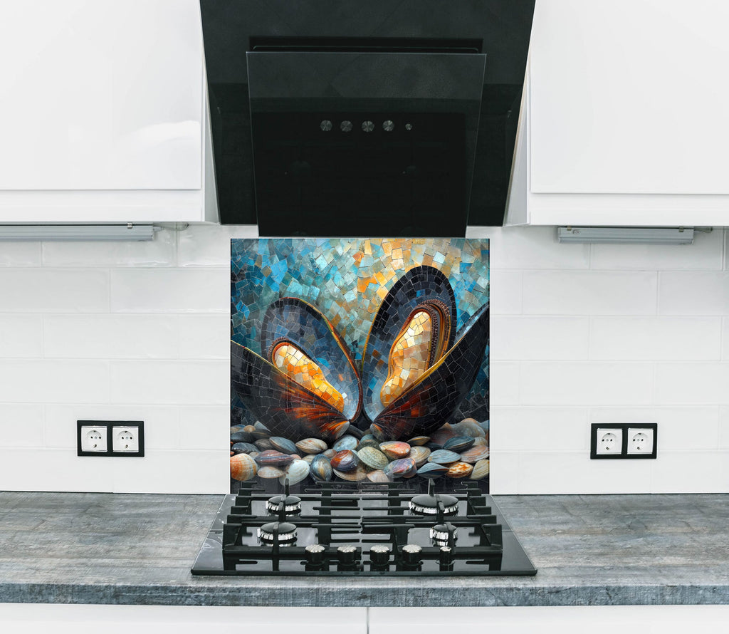 Mosaic Glass Kitchen Backsplash with Open Oyster and Pearl Design-BacksplashArtworks