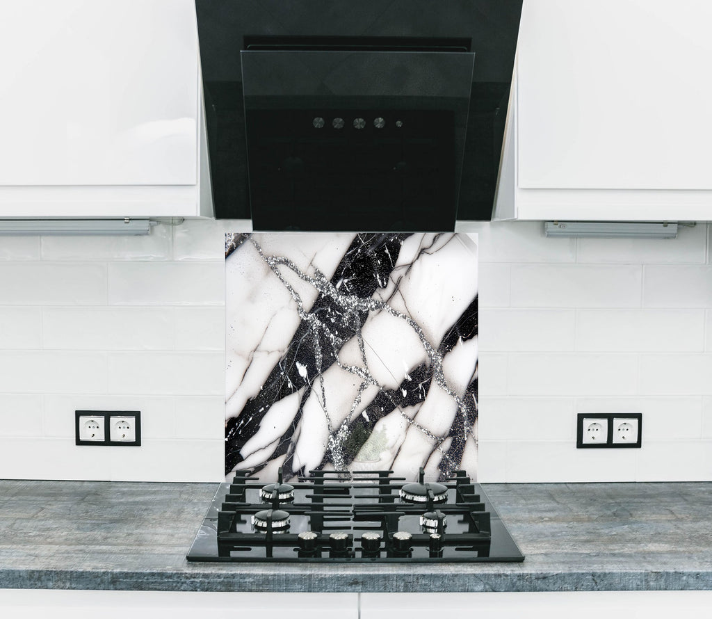 Black & White Abstract Marble - Glass Kitchen Backsplash-BacksplashArtworks