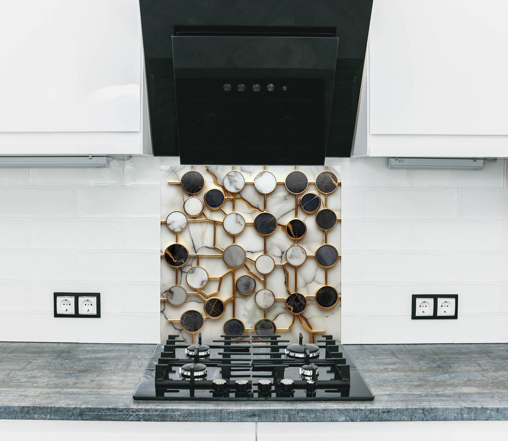 Modern Gold & Marble Circles - Glass Kitchen Backsplash-BacksplashArtworks