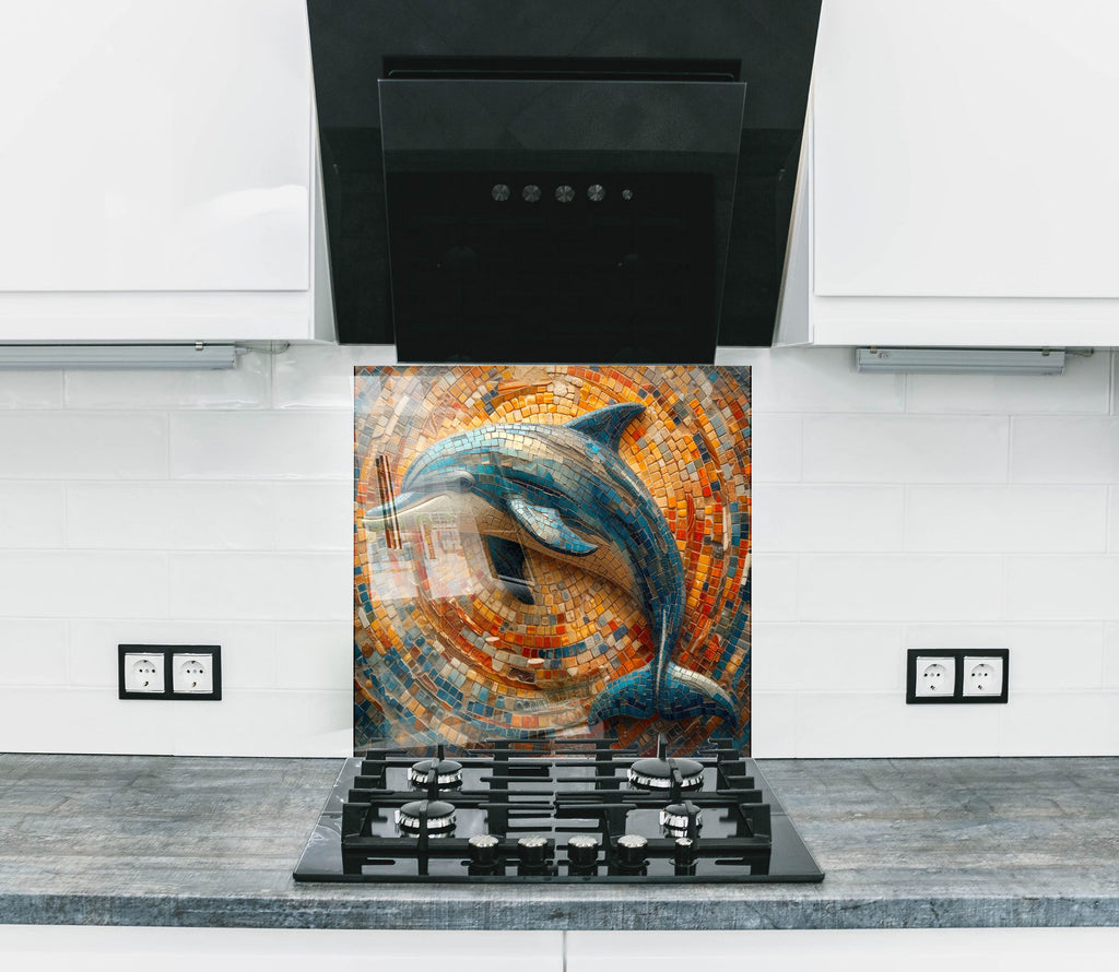 Mosaic-Inspired Tempered Glass Kitchen Backsplash with Dolphin Design-BacksplashArtworks