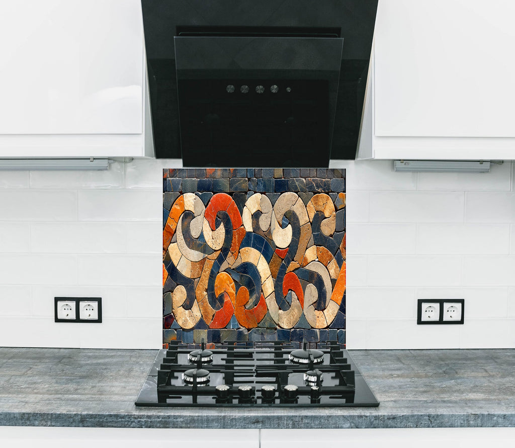 Mosaic Tempered Glass Kitchen Backsplash with Geometric Swirl Design-BacksplashArtworks