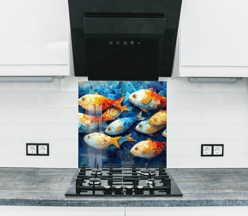 Mosaic-Inspired Tempered Glass Kitchen Backsplash with Colorful Fish Design-BacksplashArtworks
