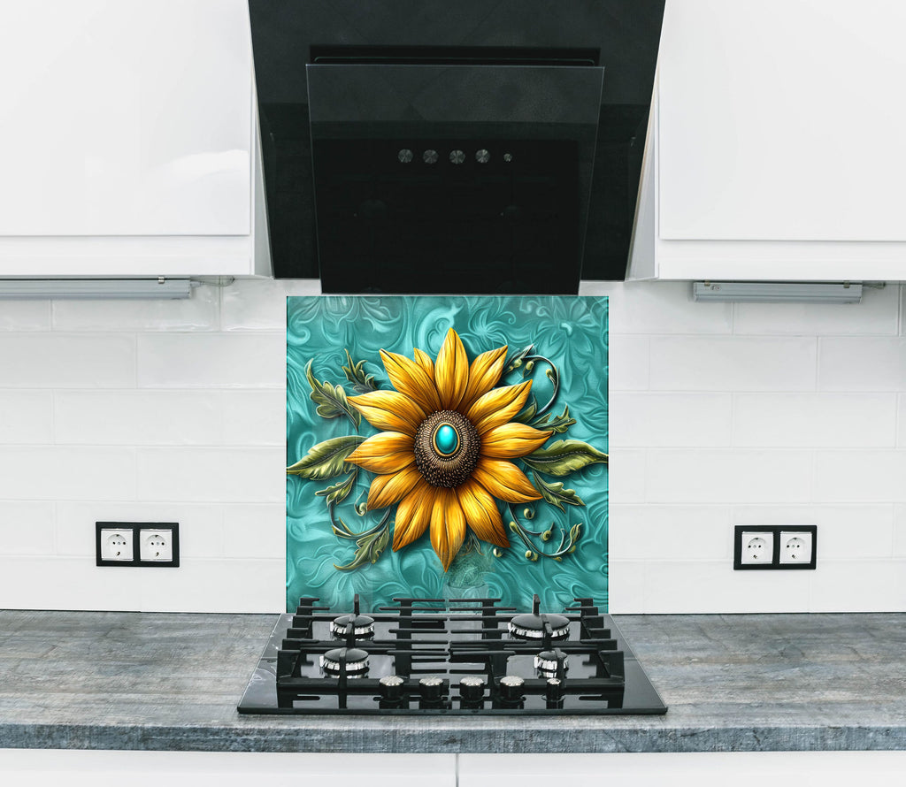 Golden Sunburst Flower - Glass Kitchen Backsplash-BacksplashArtworks
