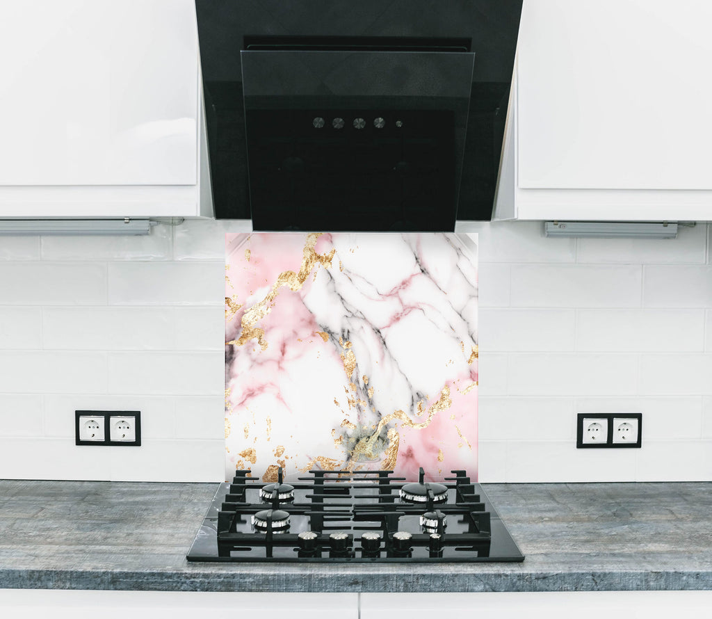 Pink & Gold Marble Elegance - Glass Kitchen Backsplash-BacksplashArtworks