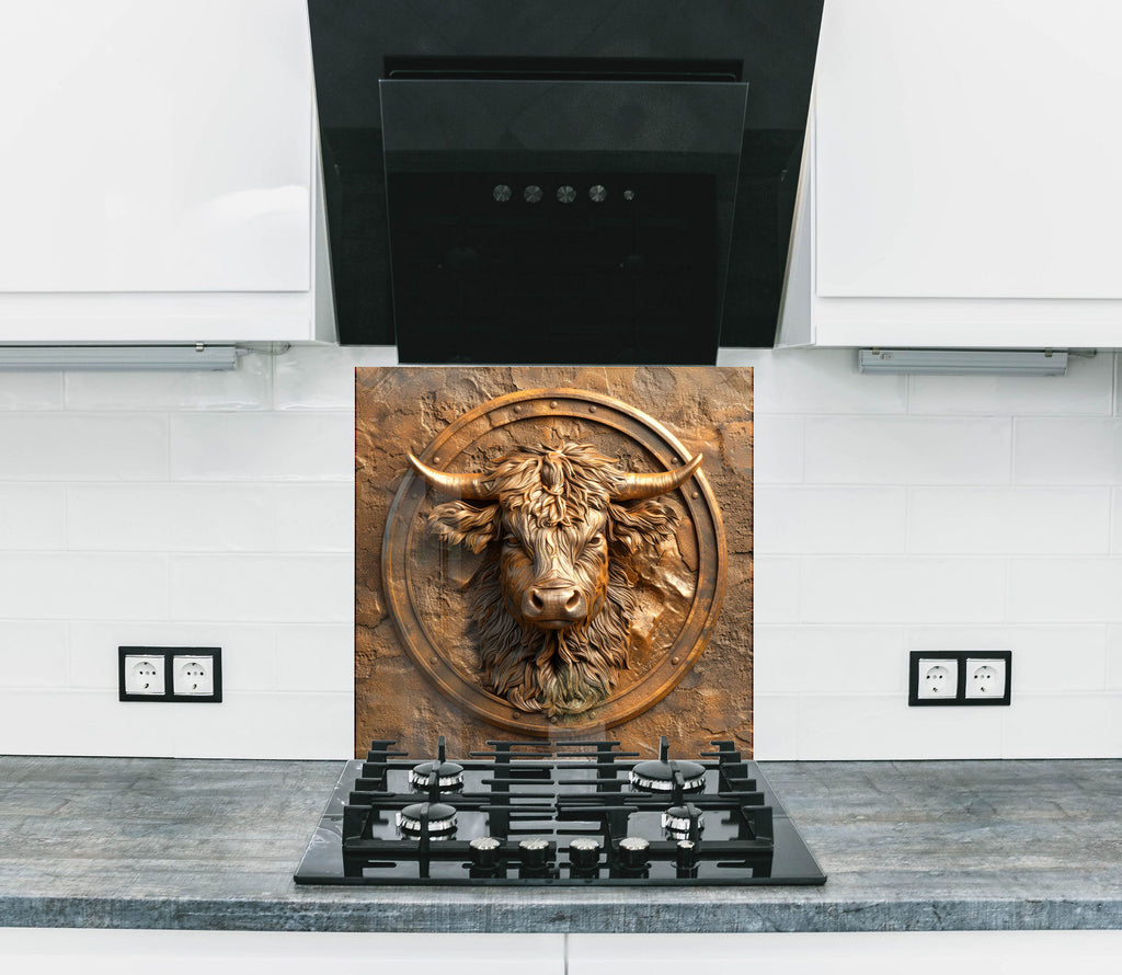 Bronze Highland Bull – Glass Kitchen Backsplash-BacksplashArtworks
