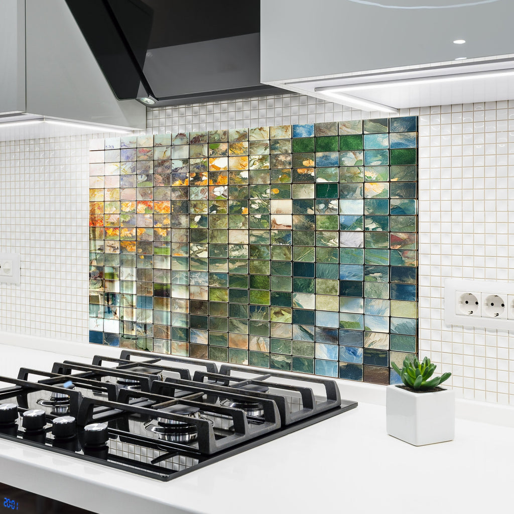 Mosaic Tempered Glass Kitchen Backsplash with Green and Earthy Tones Design-BacksplashArtworks