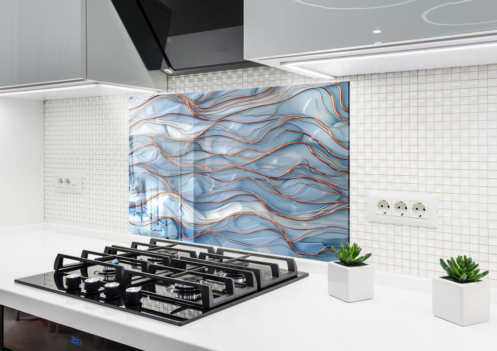 Wave Texture Blue & Copper - Glass Kitchen Backsplash-BacksplashArtworks