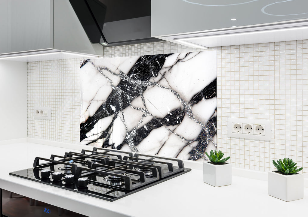 Black & White Abstract Marble - Glass Kitchen Backsplash-BacksplashArtworks