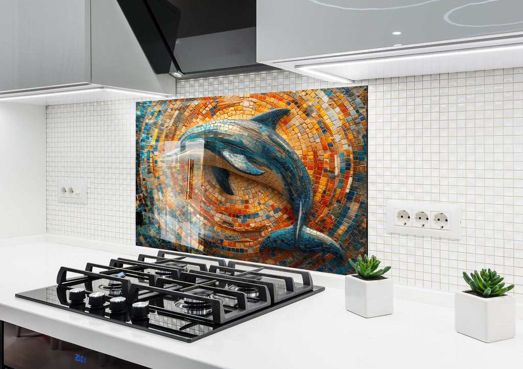 Mosaic-Inspired Tempered Glass Kitchen Backsplash with Dolphin Design-BacksplashArtworks