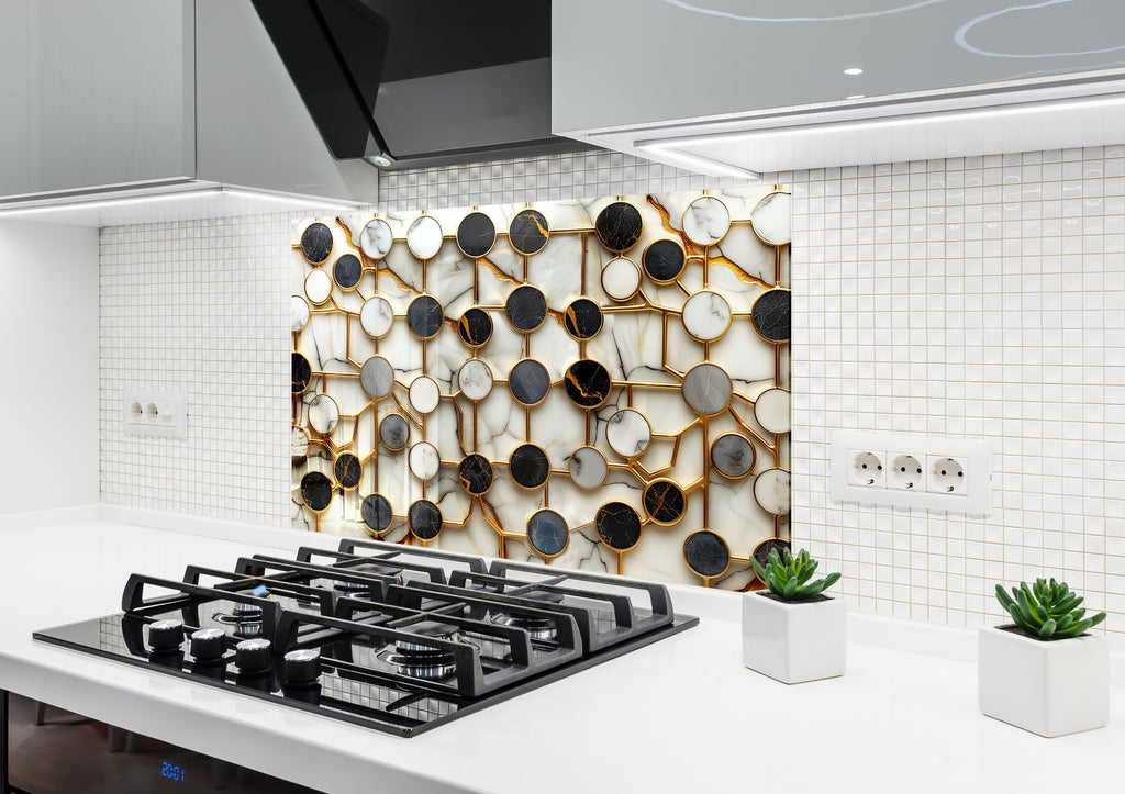 Modern Gold & Marble Circles - Glass Kitchen Backsplash-BacksplashArtworks
