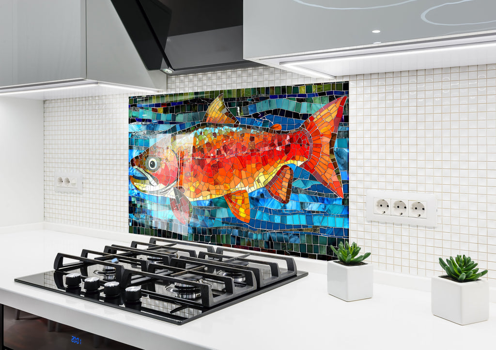 Mosaic Tempered Glass Kitchen Backsplash with Vibrant Colorful Fish Design-BacksplashArtworks