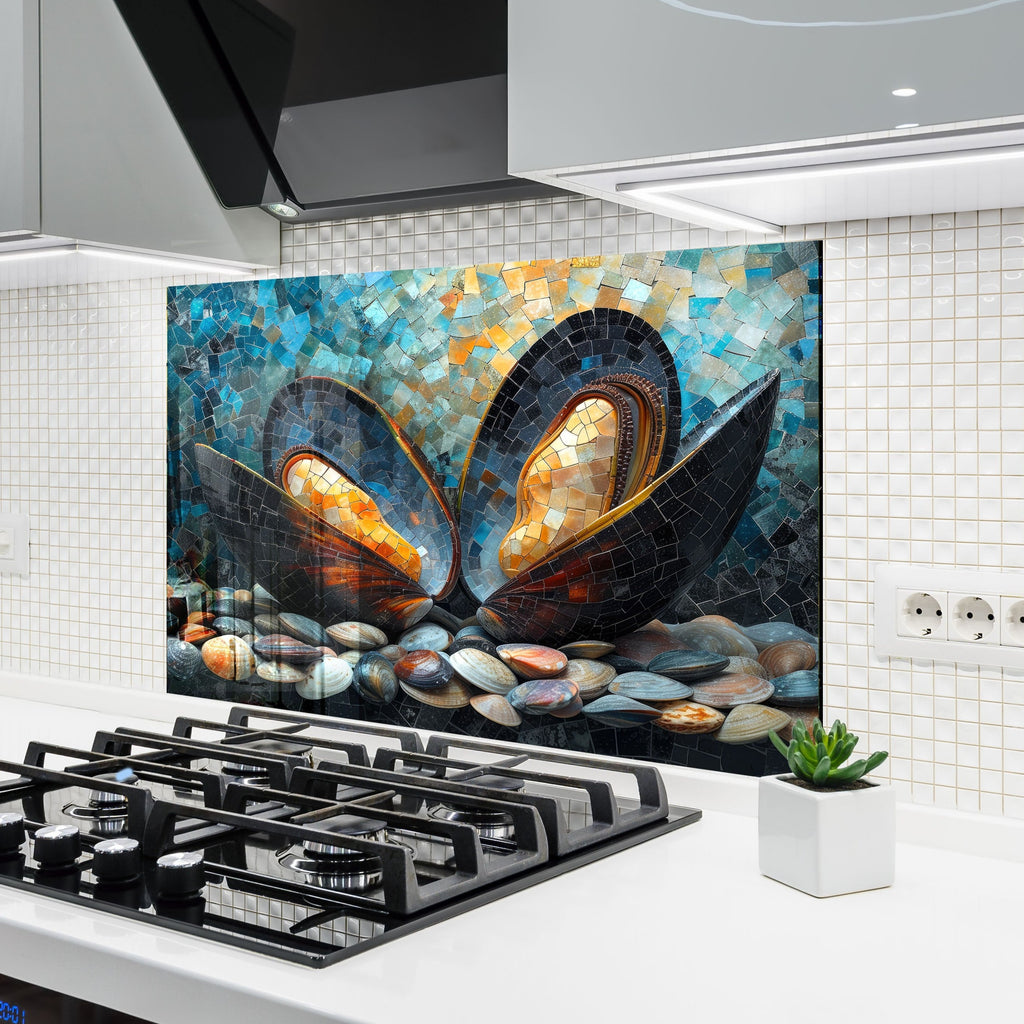 Mosaic Glass Kitchen Backsplash with Open Oyster and Pearl Design-BacksplashArtworks