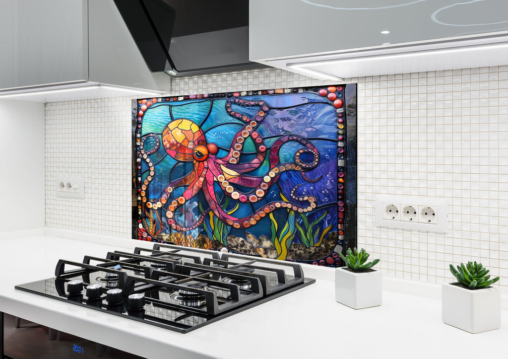 Stained Octopus – Glass Kitchen Backsplash-BacksplashArtworks