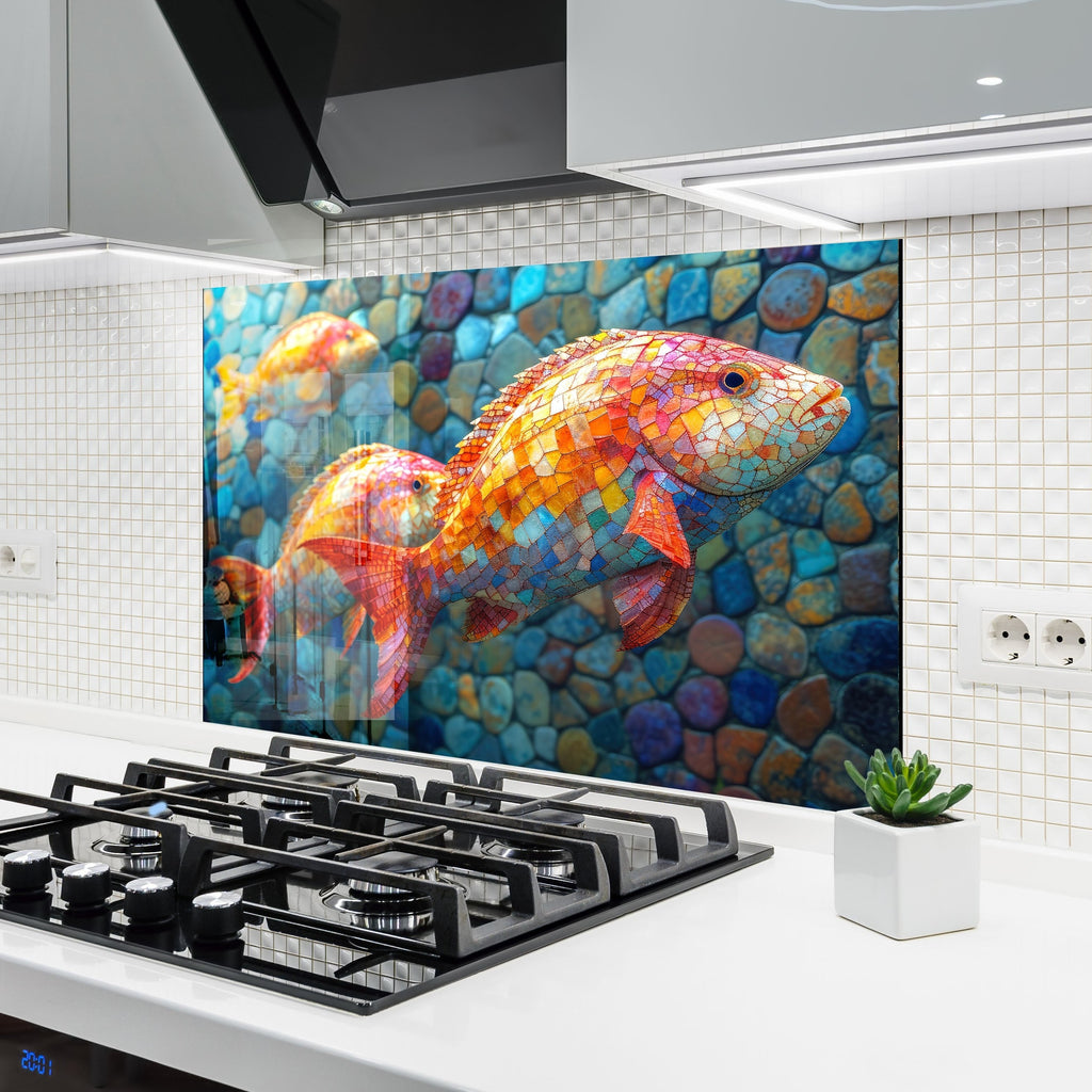 Mosaic-Inspired Tempered Glass Kitchen Backsplash with Colorful Fish Design-BacksplashArtworks