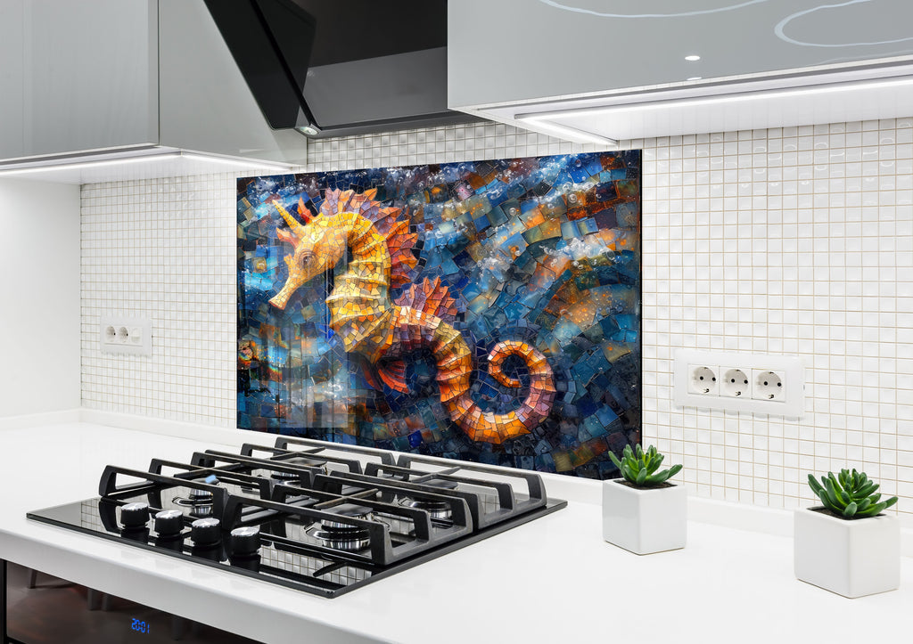 Mosaic-Inspired Tempered Glass Kitchen Backsplash with Seahorse Design-BacksplashArtworks