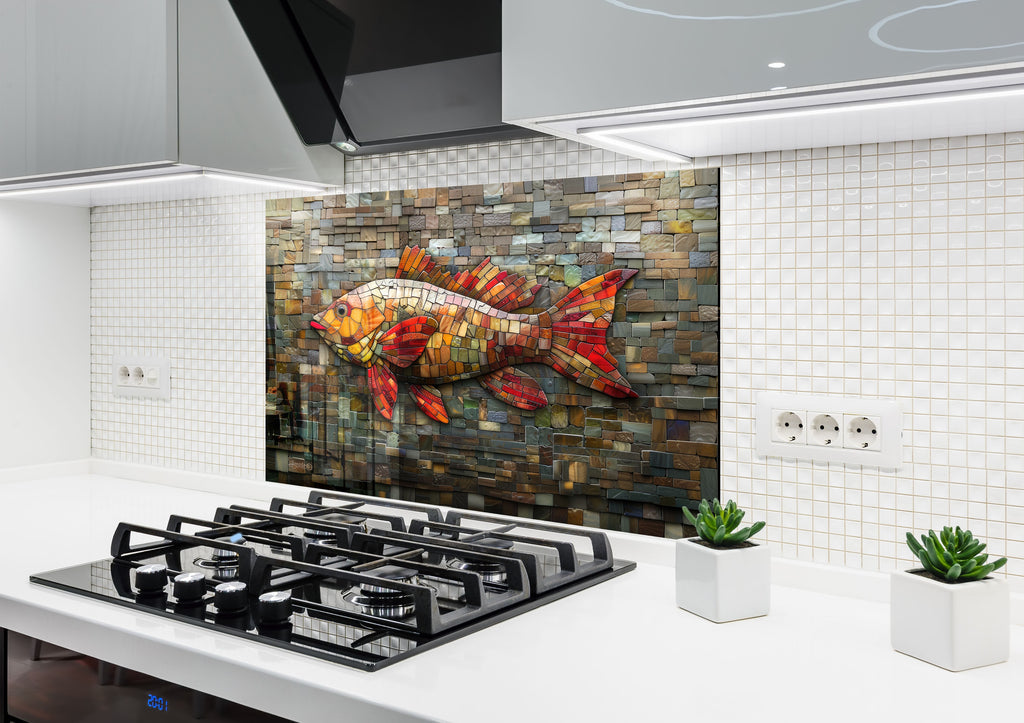Mosaic Glass Kitchen Backsplash with Colorful Fish Design-BacksplashArtworks