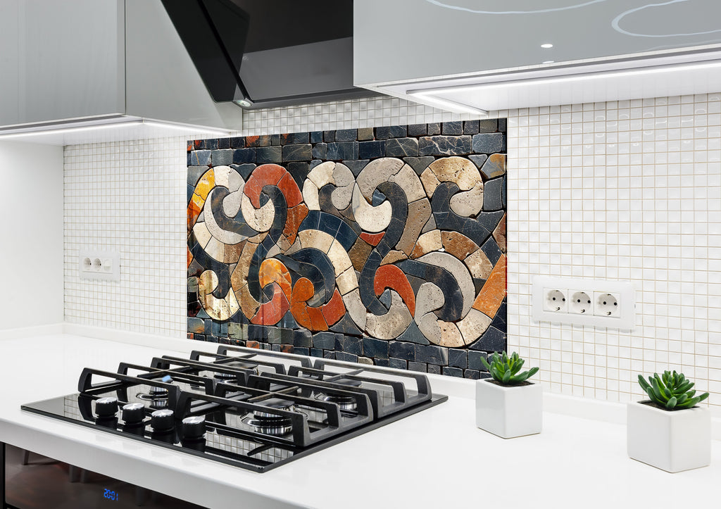 Mosaic Tempered Glass Kitchen Backsplash with Geometric Swirl Design-BacksplashArtworks