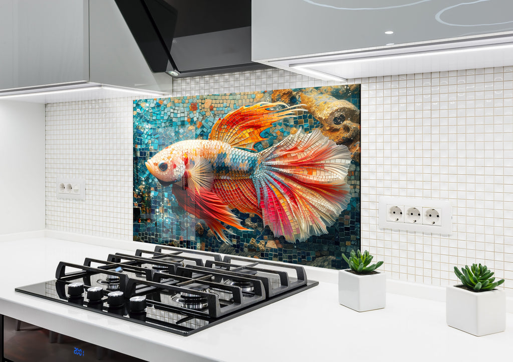 Mosaic Tempered Glass Kitchen Backsplash with Colorful Fish Design-BacksplashArtworks
