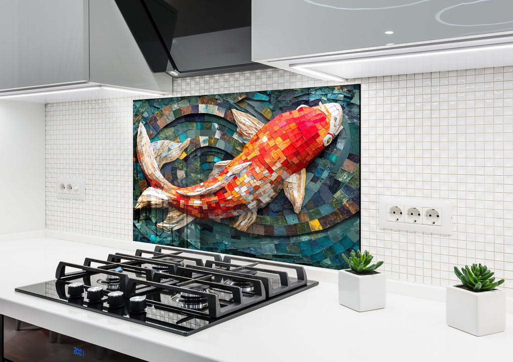 Mosaic Glass Kitchen Backsplash with Colorful Koi Fish Design-BacksplashArtworks