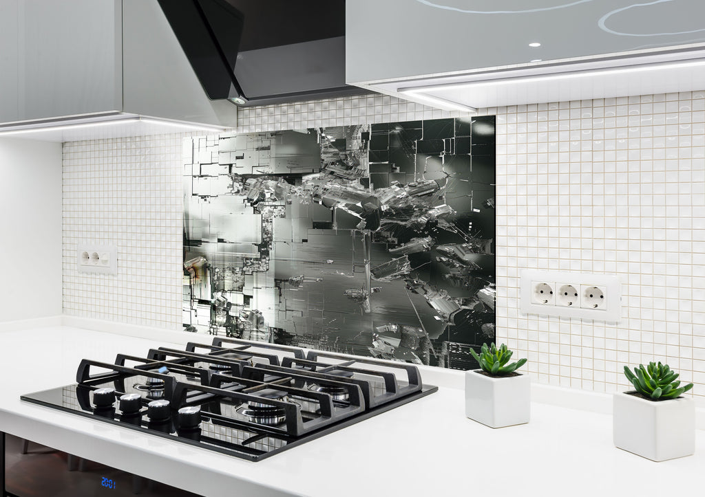 Futuristic Metallic - Glass Kitchen Backsplash-BacksplashArtworks