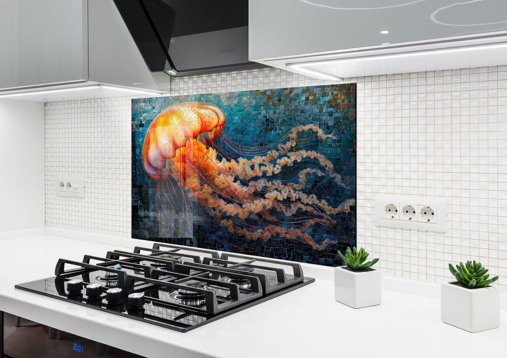 Mosaic-Inspired Tempered Glass Kitchen Backsplash with Jellyfish Design-BacksplashArtworks