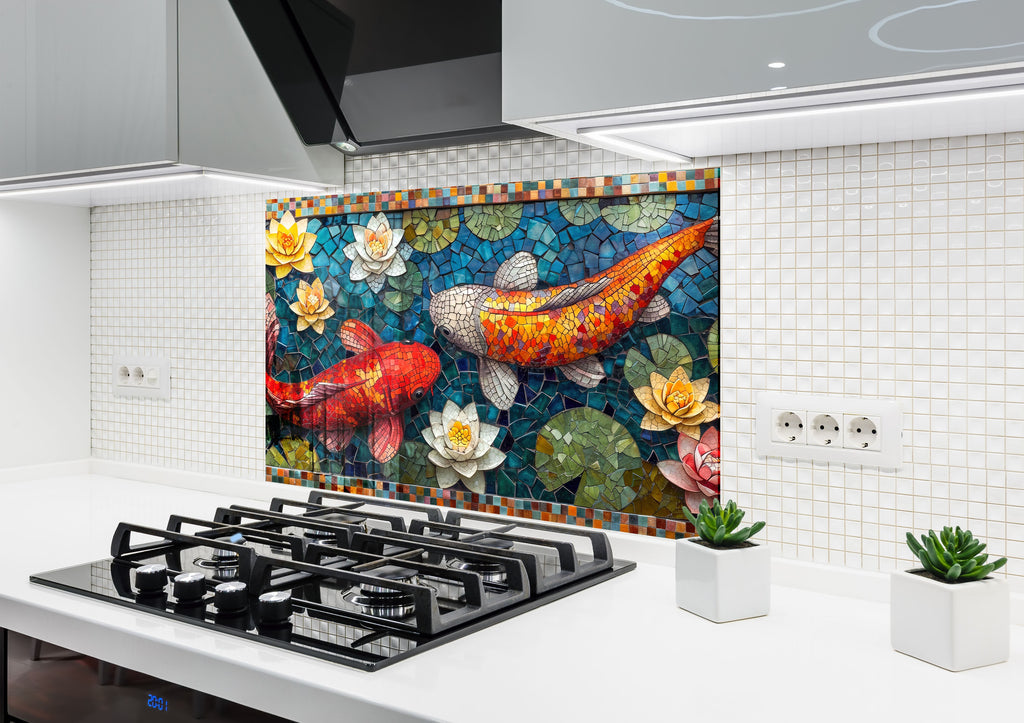 Mosaic Glass Kitchen Backsplash with Koi Fish and Water Lily Design-BacksplashArtworks