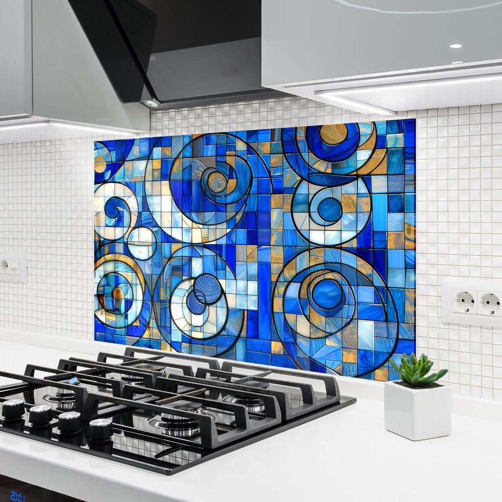 Blue and Gold Tempered Glass Kitchen Backsplash with Modern Abstract Design-BacksplashArtworks