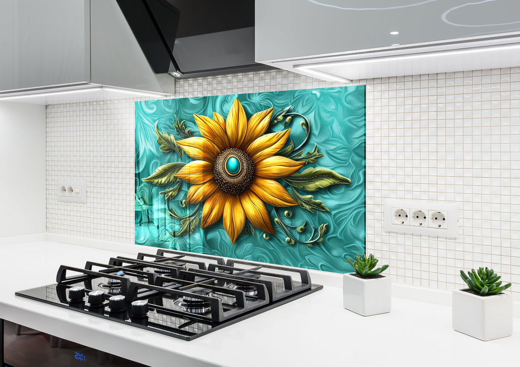 Golden Sunburst Flower - Glass Kitchen Backsplash-BacksplashArtworks