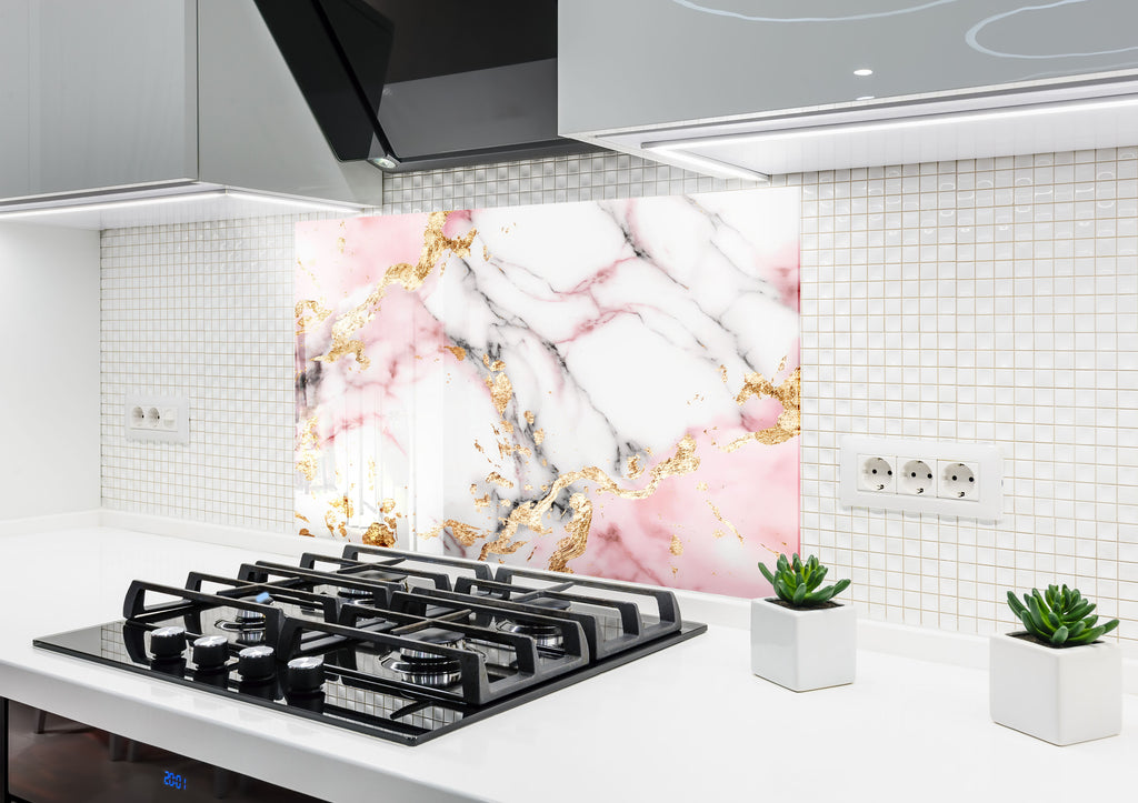 Pink & Gold Marble Elegance - Glass Kitchen Backsplash-BacksplashArtworks