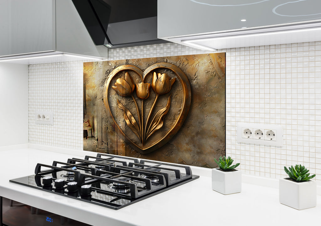 Golden Tulip Heart - Glass Kitchen Backsplash-BacksplashArtworks