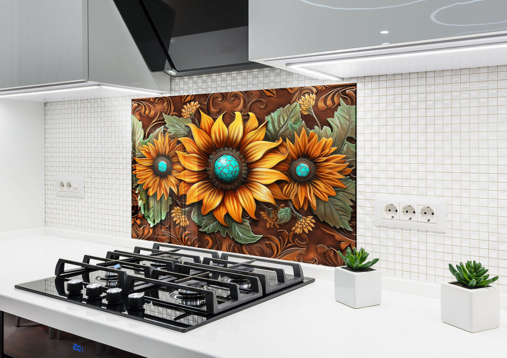 Rustic Sunflower Trio - Glass Kitchen Backsplash-BacksplashArtworks
