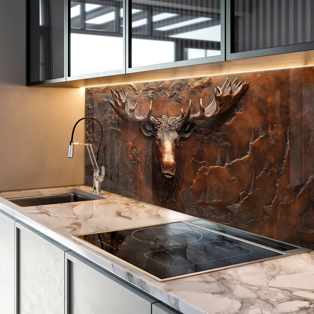 Statement kitchen backsplash with oversized antlered moose in sculpted bronze.

