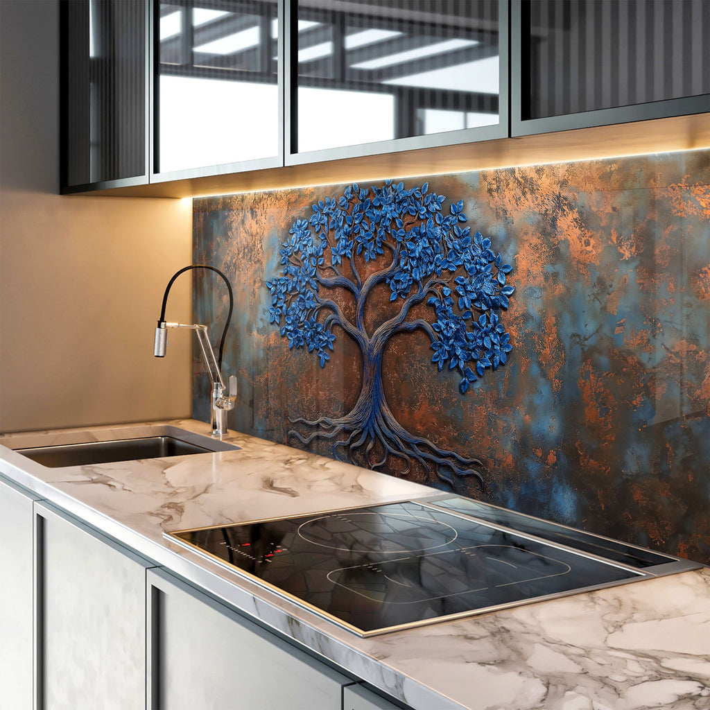 Art-inspired tree of life glass kitchen backsplash with vibrant blue leaf detail.

