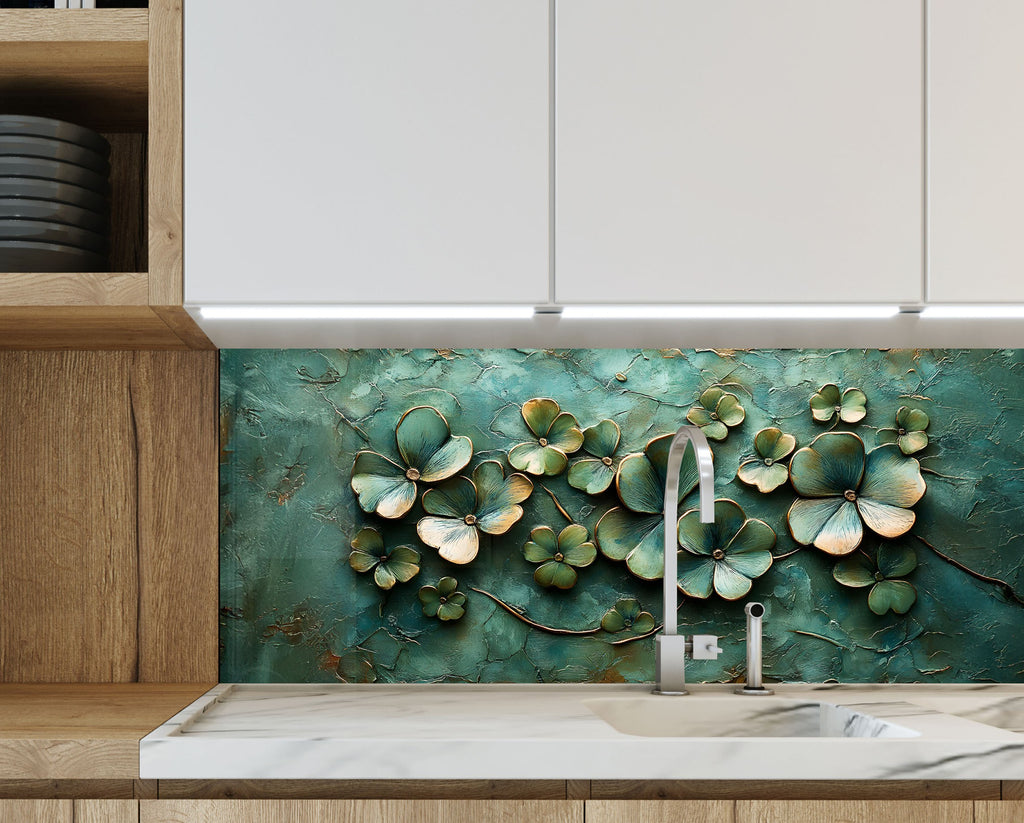 Artistic flower motif glass kitchen backsplash in green and gold – refined and vibrant.

