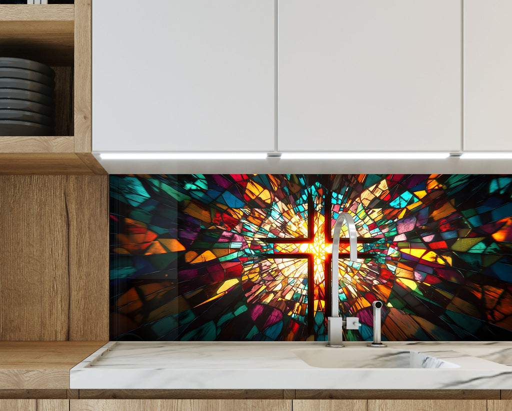 Radiant stained glass kitchen backsplash with cross motif – vibrant and spiritual centerpiece.

