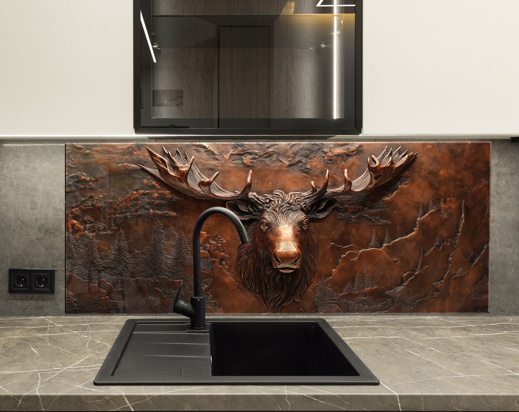 Cabin-style bronze effect backsplash glass featuring bold moose portrait.

