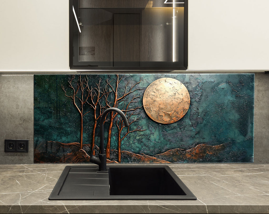 Celestial Bronze Moon with Forest Branches | Backsplash Artworks 