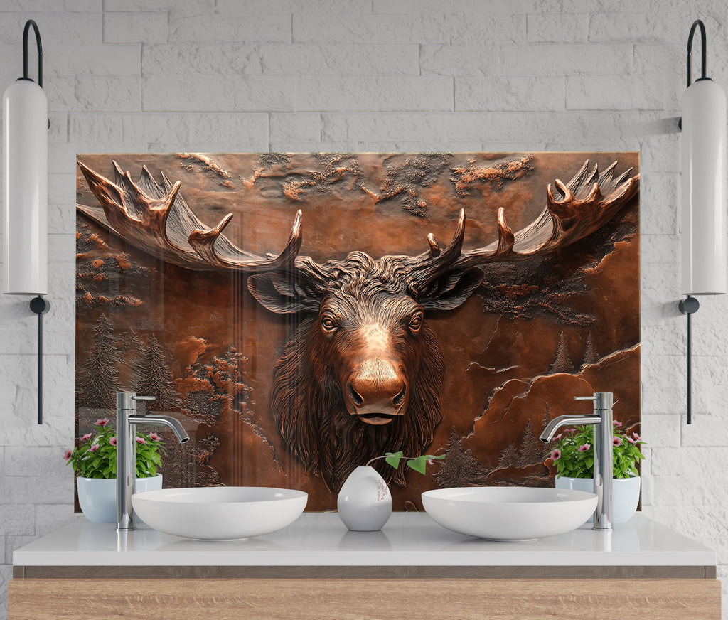 Majestic moose head glass kitchen backsplash with rugged bronze mountain detail.

