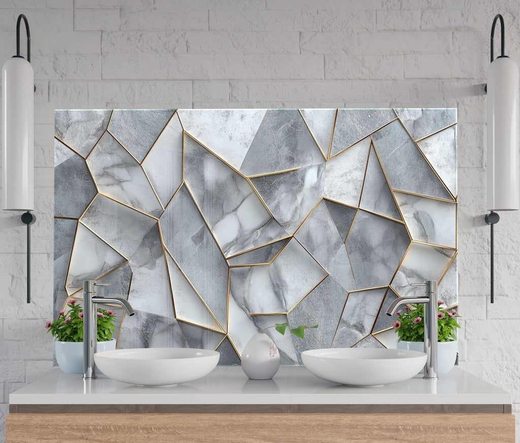 Modern geometric glass kitchen backsplash with gold-lined marble textures – sleek and elegant.

