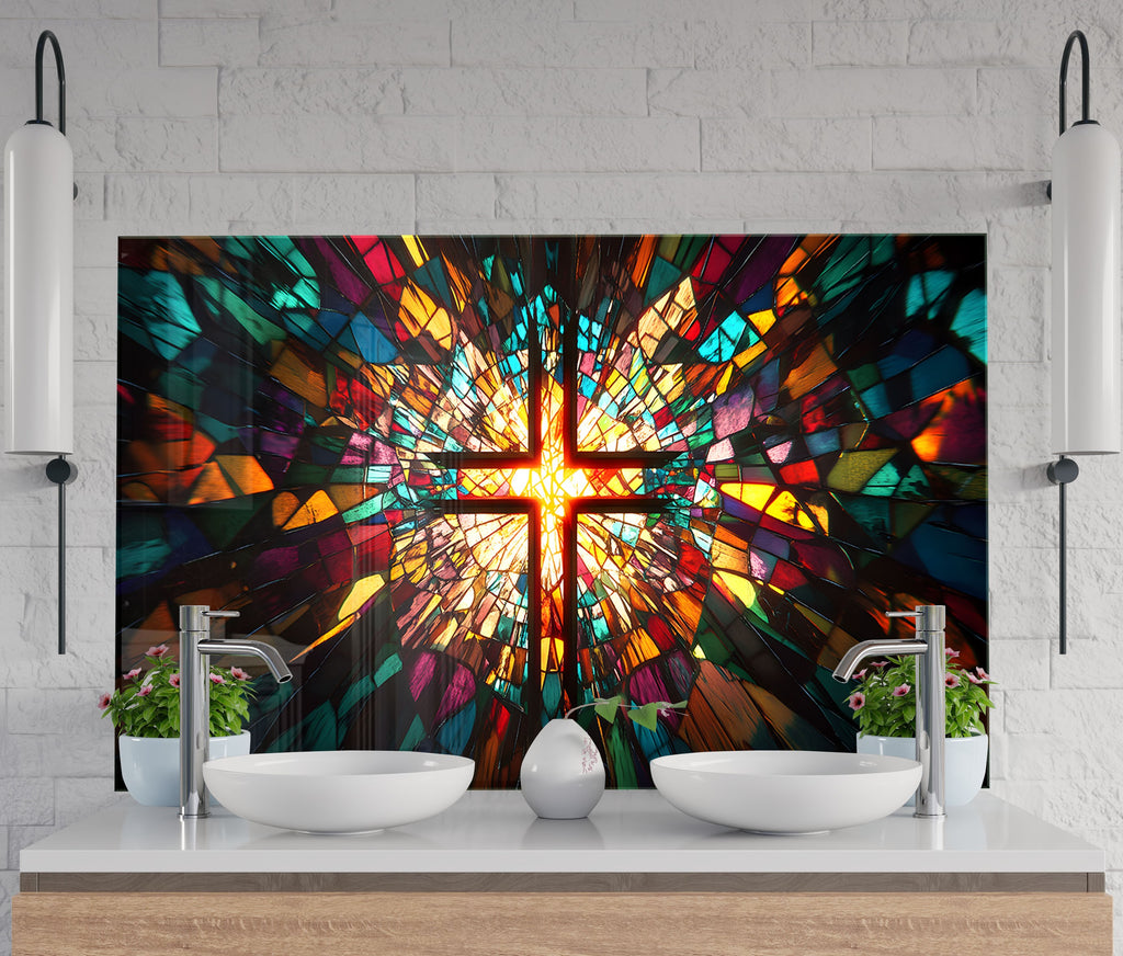 Colorful Christian cross glass backsplash for kitchens – faith meets artistic flair.

