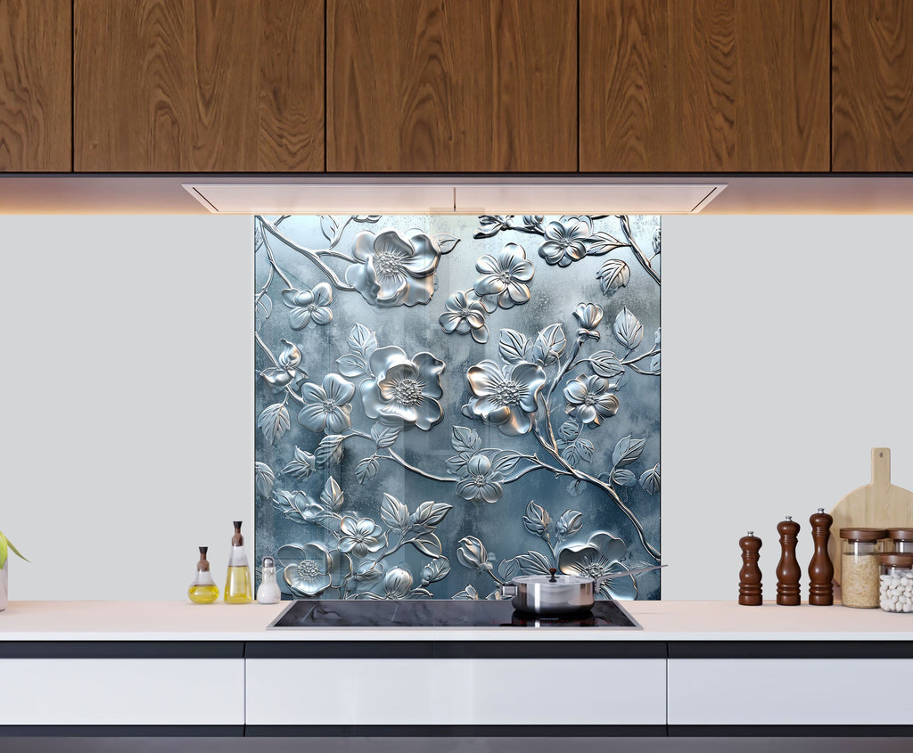 Silver Blossom Elegance - Glass Kitchen Backsplash-BacksplashArtworks
